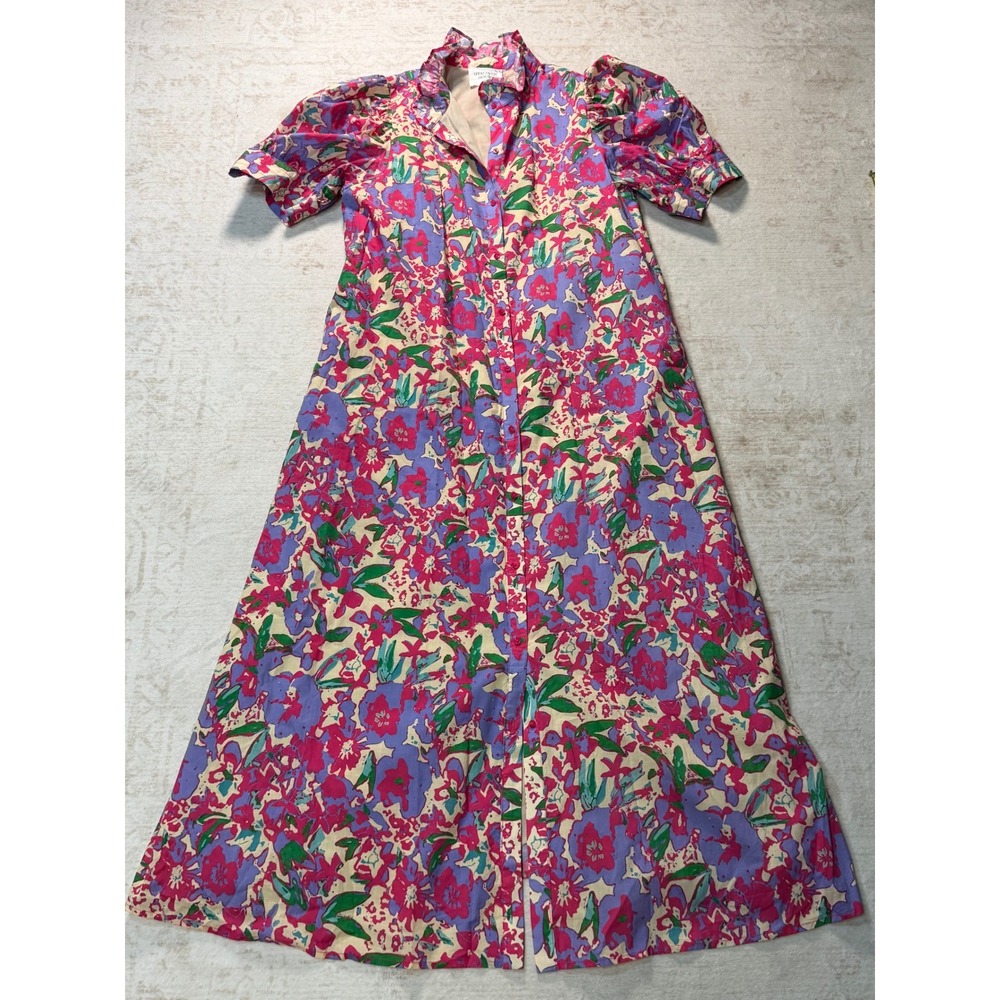 Hyacinth House Floral Button Front Maxi Dress Puff Sleeve Ruffle Neck XL Pink